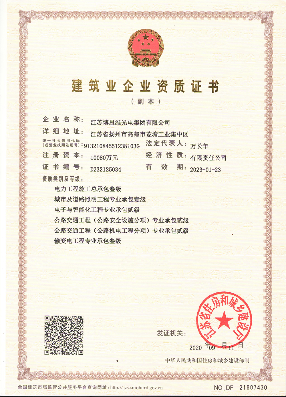Qualification certificate of construction enterprise